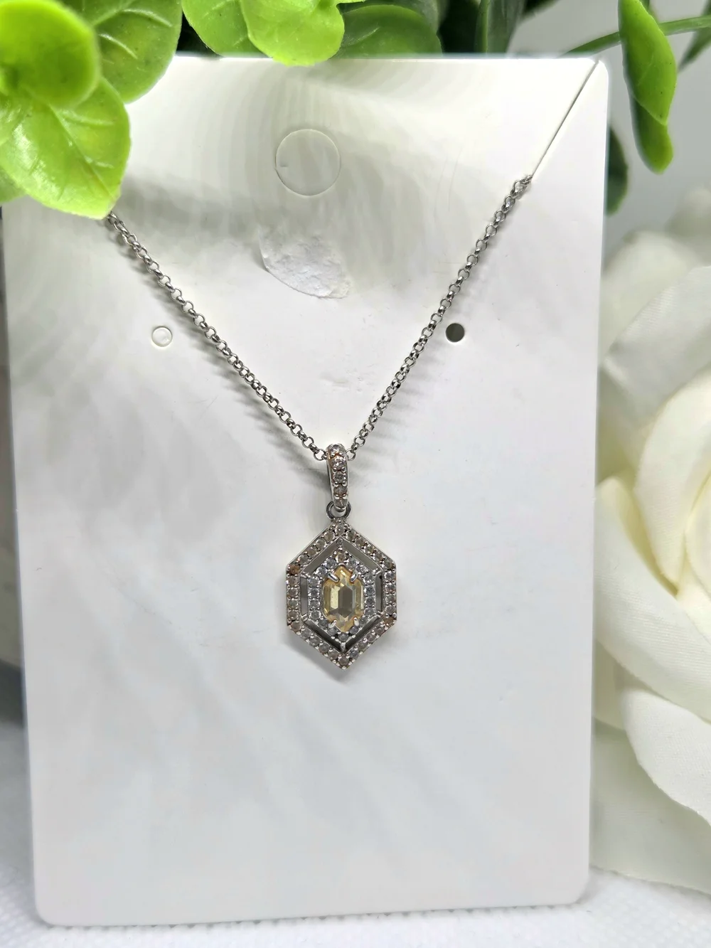 BP Elegant Hexagon Pendant Necklace with Pale Peach Center Stone